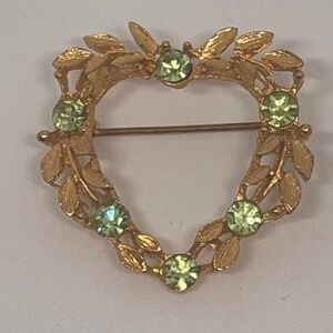 Vintage Gold Tone Brooch Heart Wreath Light Green Rhinestones Leaf Pin